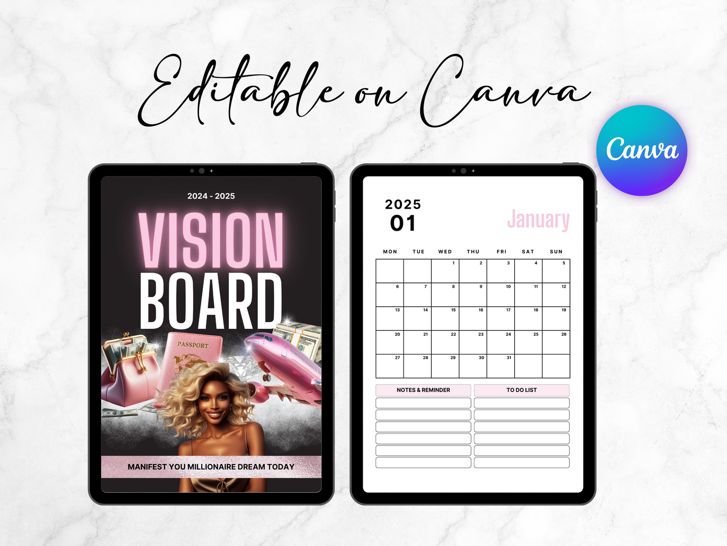 PLR Dated Vision Board 2024-2025 Journal Canva Template