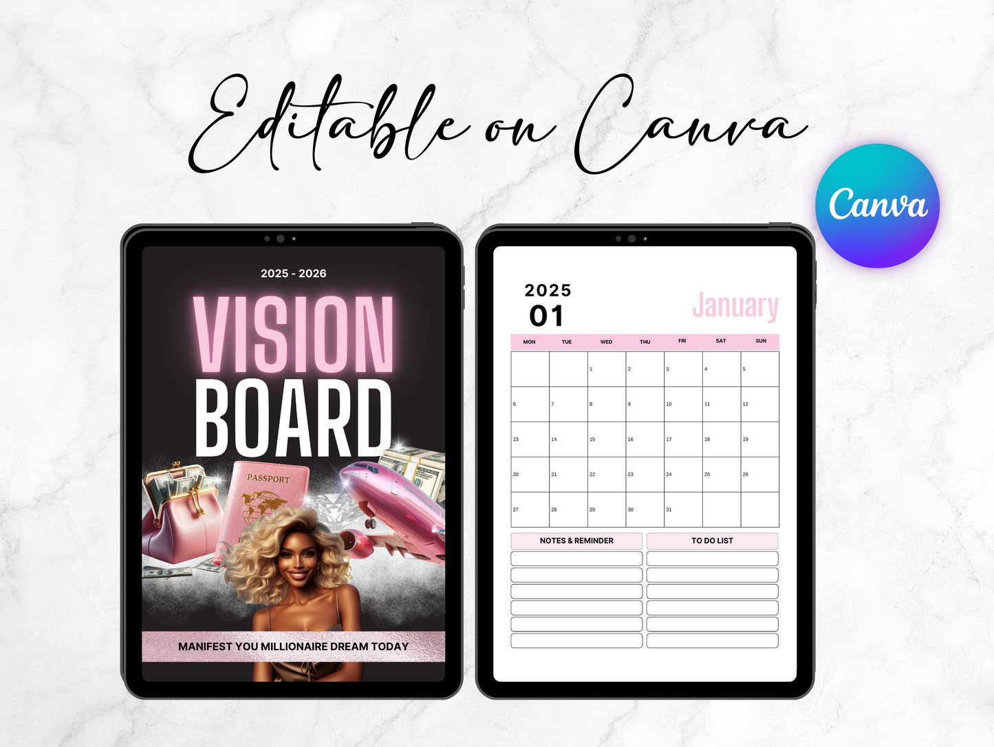 PLR Dated Vision Board 2025-2026 Journal Canva Template